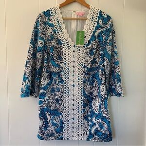 NEW Lilly Pulitzer Brooke Tunic Dress Hippy Hippy Shake Embroidered Pattern Blue